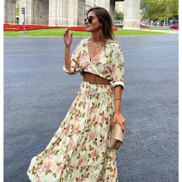 Zara Cream Floral Print Maxi Dress Women Size S Long Sleeve Romantic Flowy Boho - Picture 3 of 16